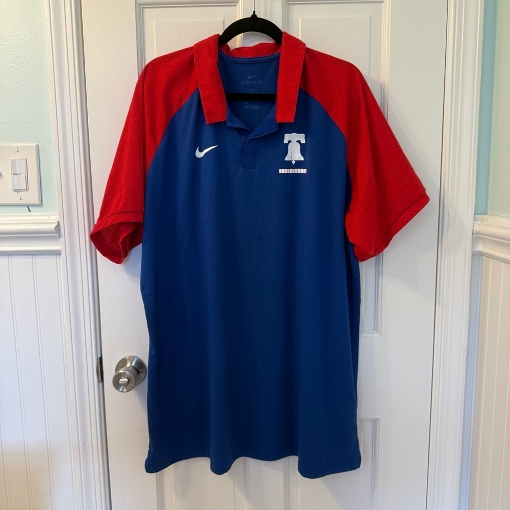 Nike Men's Philadelphia Phillies Legacy Raglan Red and Blue Polo Shirt